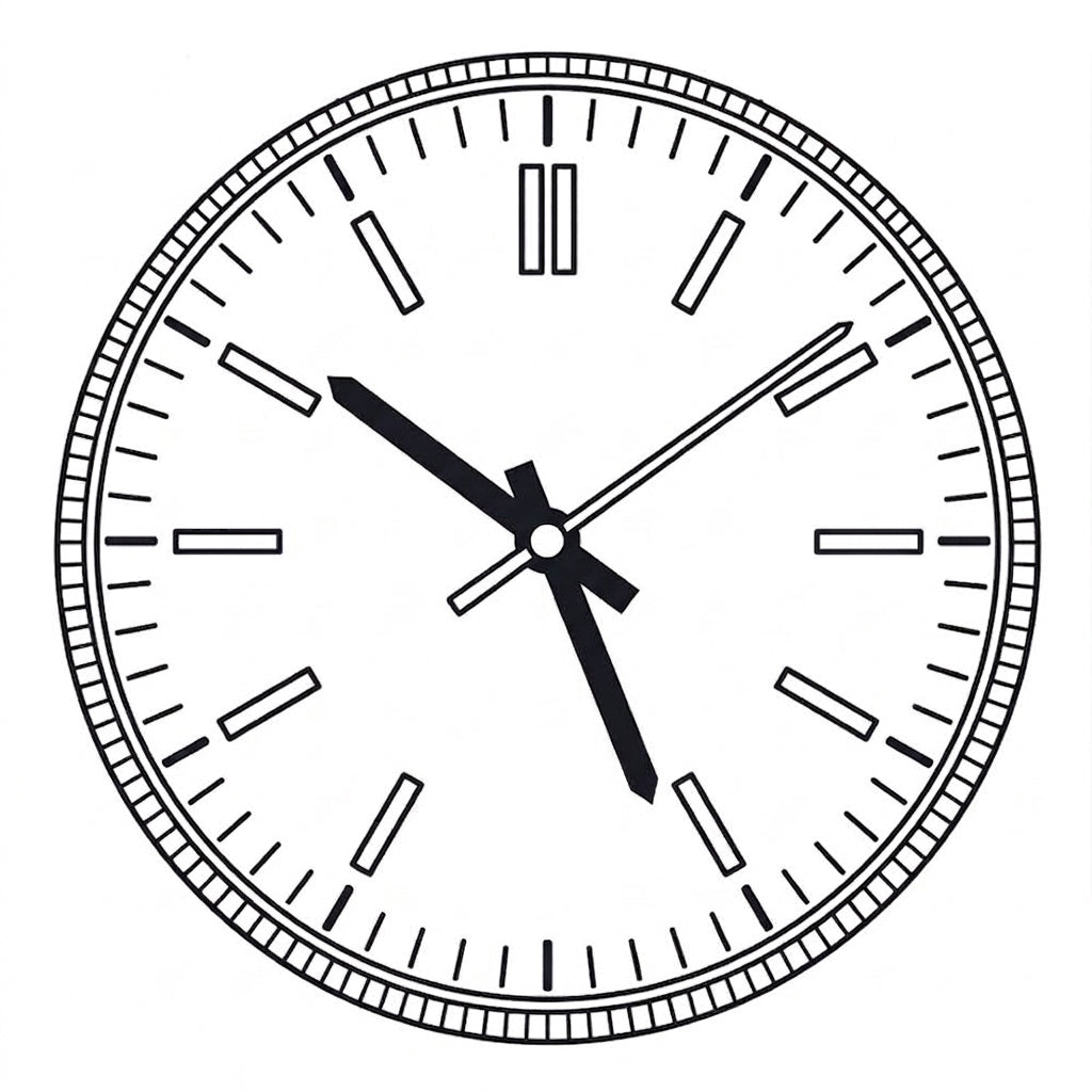 Black and white line art illustration of a clean watch dial with uniform baton hour markers and no date window, demonstrating the standard layout for a Miyota 2035 quartz movement.