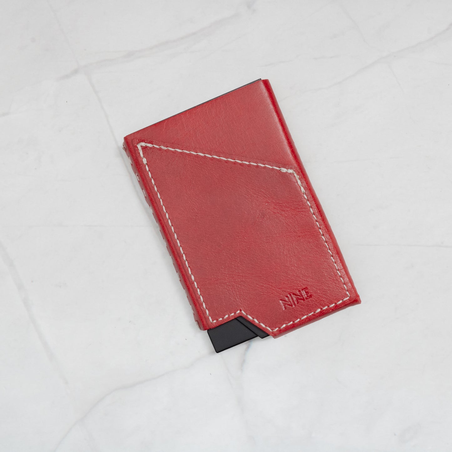 Red Full-Grain Leather NINE Pop-Up Card Wallet with white contrast stitching