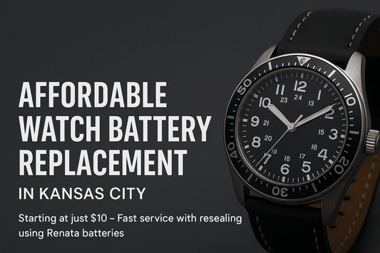 Affordable watch battery replacement in Kansas City – banner featuring wristwatch and pricing starting at $10 with Renata batteries