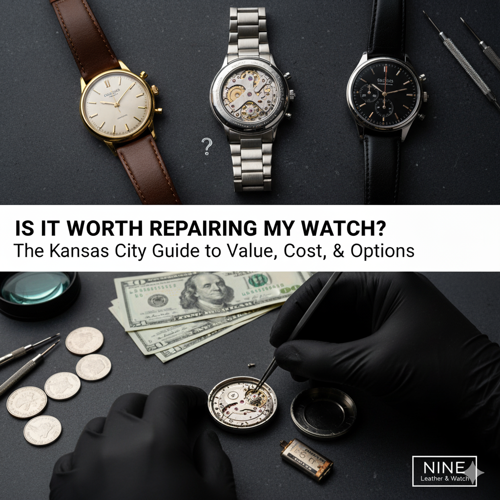 A close-up shot of a watchmaker using tweezers to examine the delicate internal components of a quartz watch movement, including a visible coil and circuit board, with a second watch and tools on a workbench.