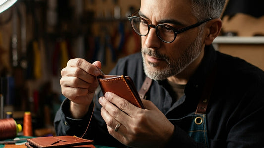 NINE Leather artisan individually crafting a premium full-grain leather wallet using precision tools and high-quality materials.
