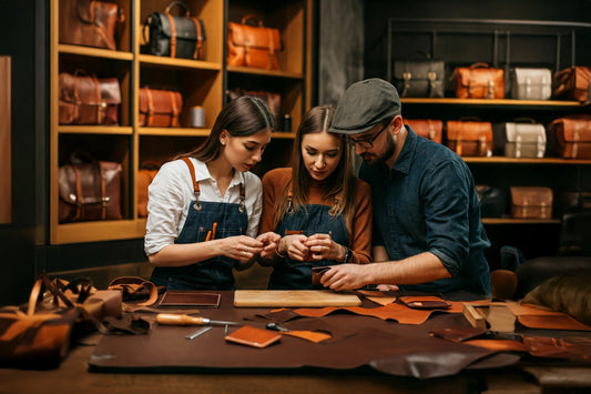 A couple participates in a hands-on leather workshop with a female instructor, crafting a wallet amidst leather tools and materials at the Nine Leather & Watch store.