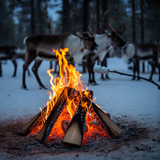 Nine Leather & Watch S'mores Fest at a cozy fire pit with marshmallows and reindeer.