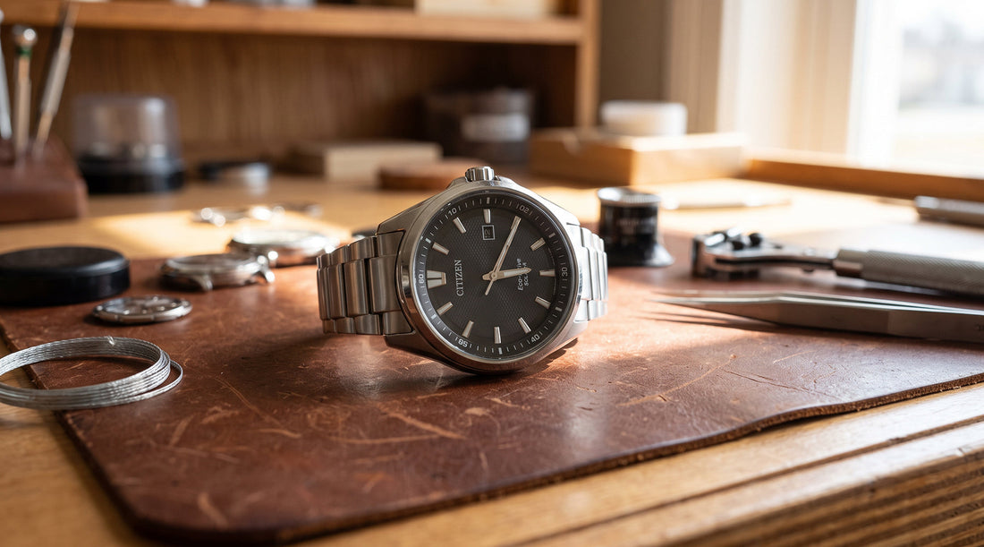 A close-up photograph of a stainless steel Citizen Eco-Drive solar watch resting on a rich brown leather workbench mat, surrounded by precision watch repair tools like screwdrivers and tweezers in a softly blurred workshop.