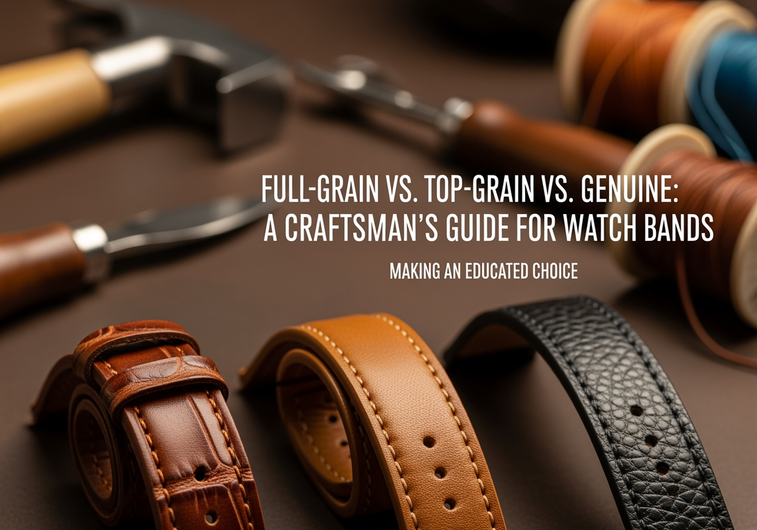 A craftsman's guide to full-grain vs. top-grain vs. genuine leather, showing several leather watch bands on a workbench with tools.