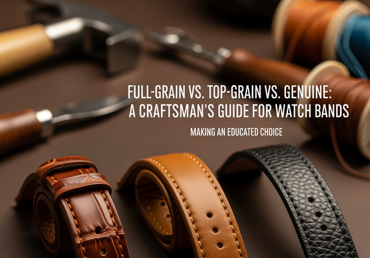 A craftsman's guide to full-grain vs. top-grain vs. genuine leather, showing several leather watch bands on a workbench with tools.