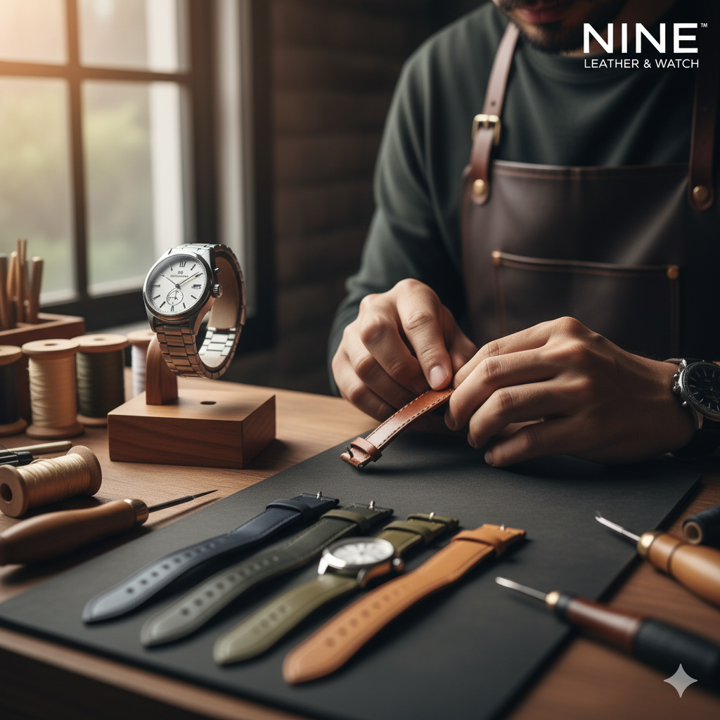A leather craftsman from NINE Leather & Watch hand-stitching a custom brown watch band at a workbench surrounded by colorful straps and tools.