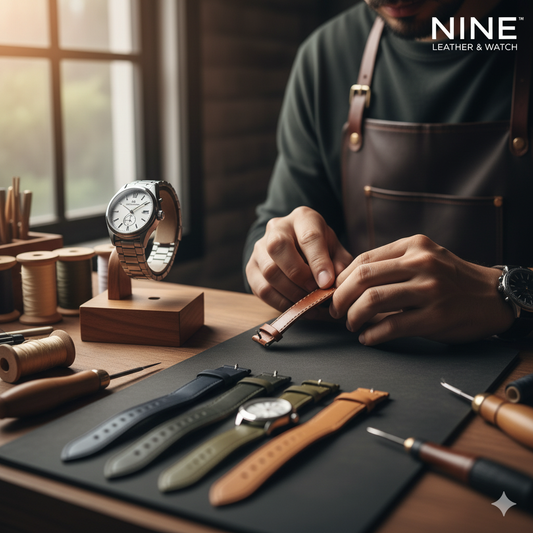 A leather craftsman from NINE Leather & Watch hand-stitching a custom brown watch band at a workbench surrounded by colorful straps and tools.