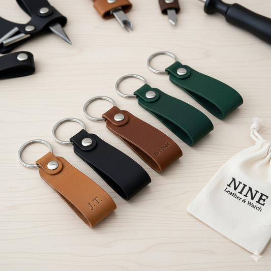 A flat lay of NINE Leather & Watch personalized leather keychains, showing the snap closure design in various colors including black, brown, tan, and green.