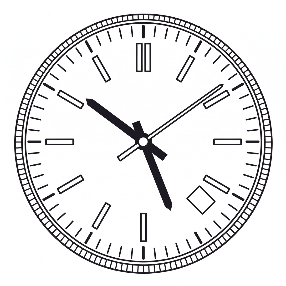 Flat lay illustration of the custom baton index watch dial from image_36.png, featuring the multi-hand fanned fanned configuration and the distinctive angled square date window set between the 4 and 5 o'clock positions (4:30).