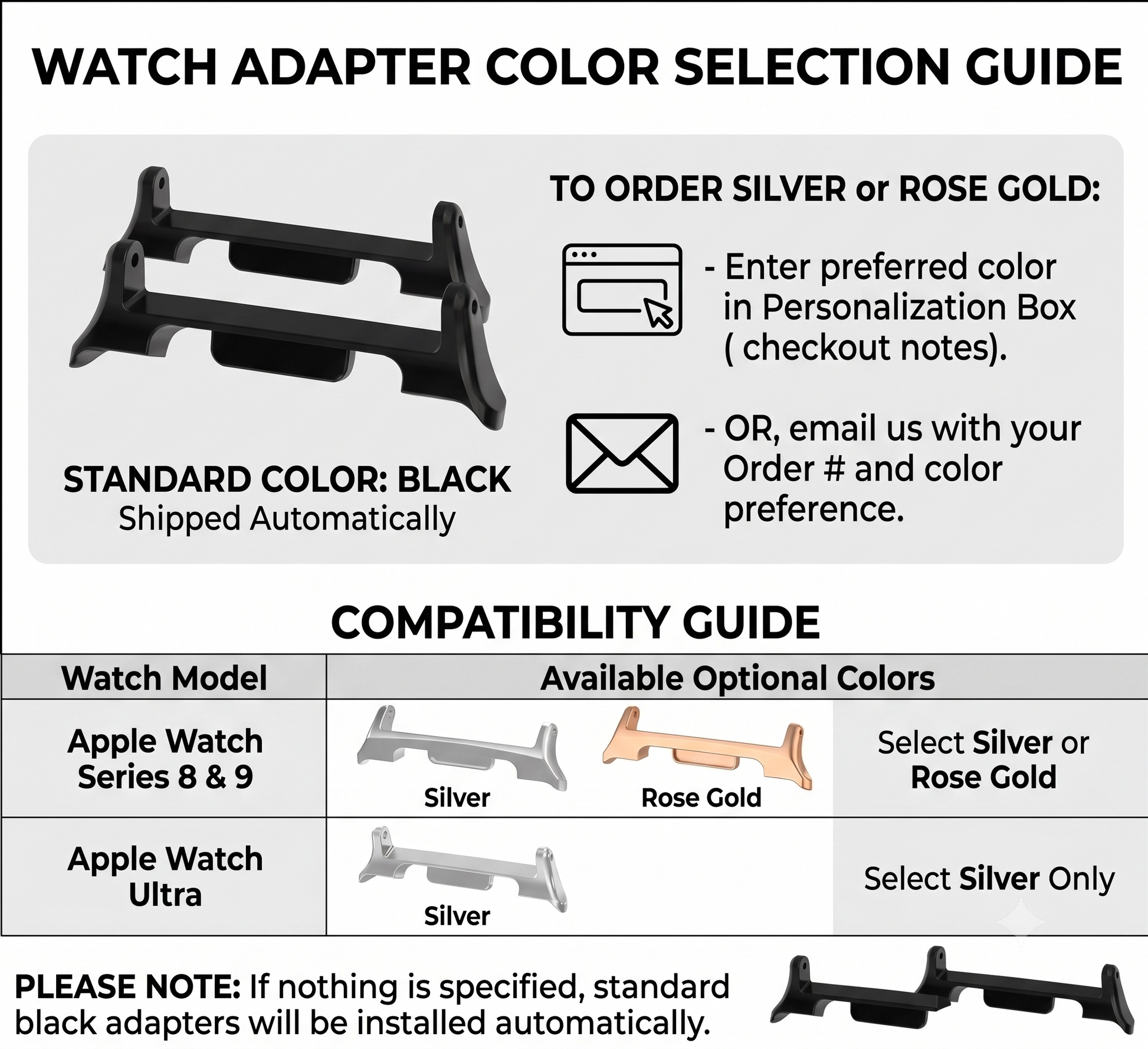 An informational graphic titled 'WATCH ADAPTER COLOR SELECTION GUIDE' showing a black watch adapter, shipping instructions for silver or rose gold options, and a compatibility table for Apple Watch Series 8 & 9, Apple Watch Ultra, and available silver or rose gold colors.