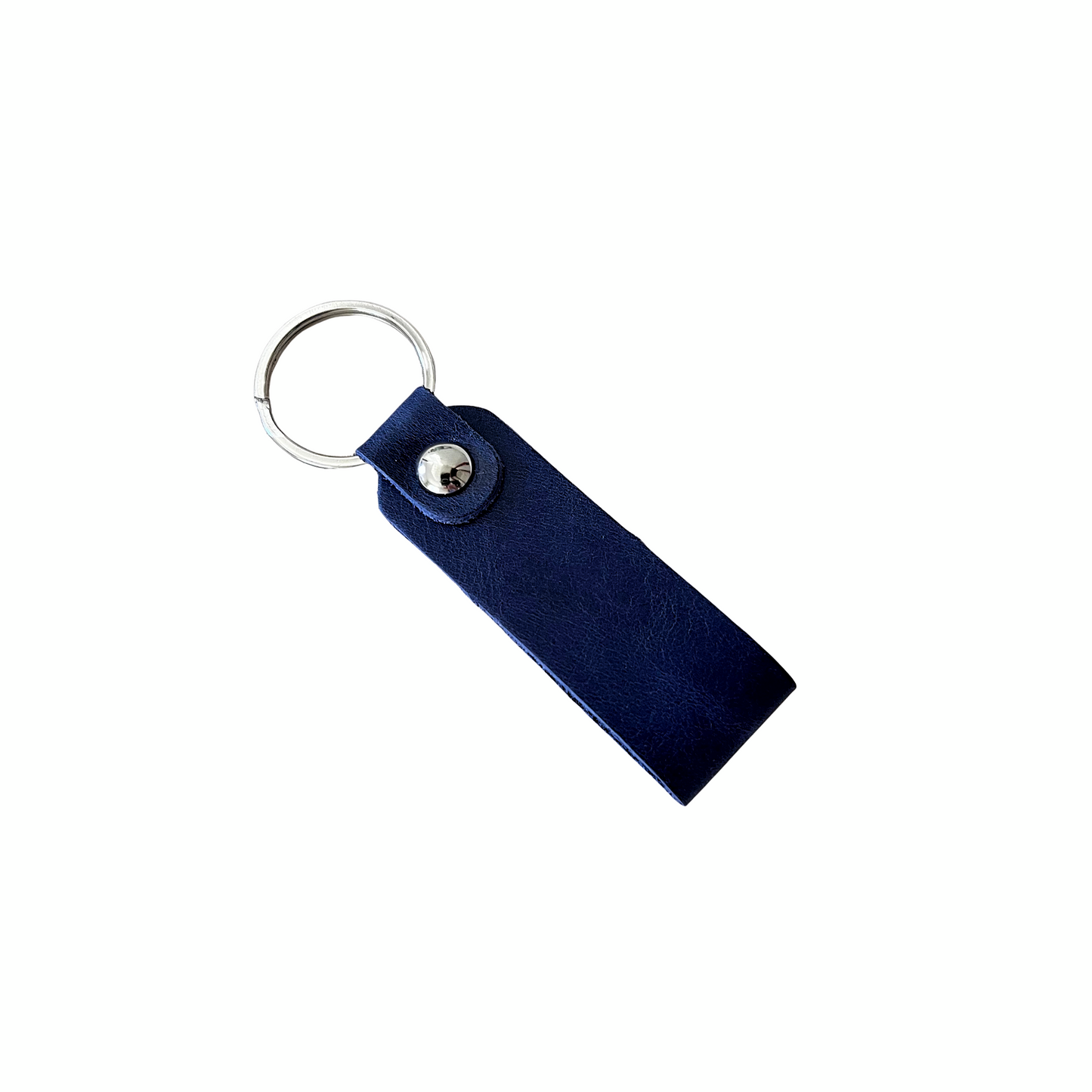 Handcrafted blue leather keychain with metal ring and snap closure, made in the USA by Nine Leather & Watch.