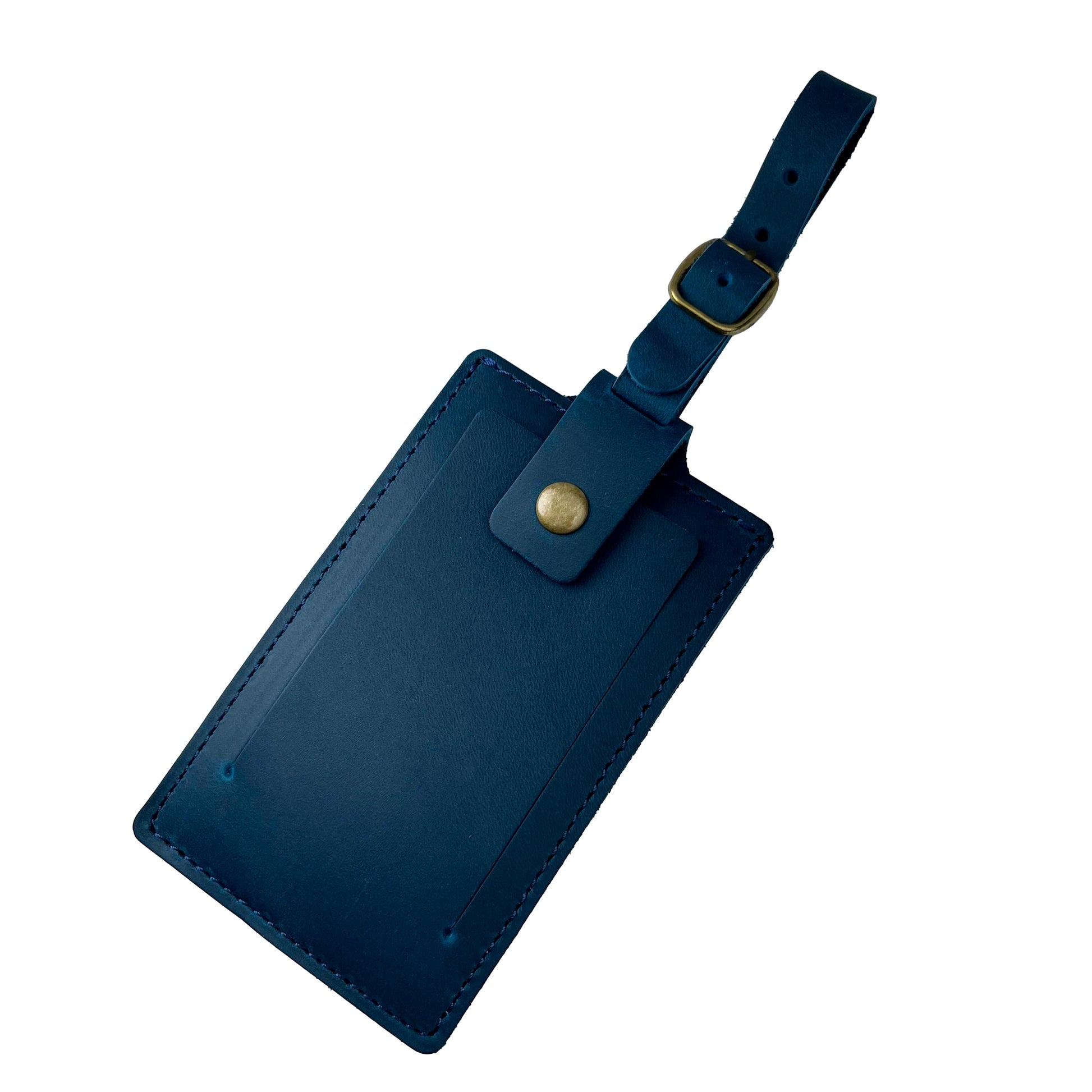 Handcrafted blue leather luggage tag with ID window and personalization options.