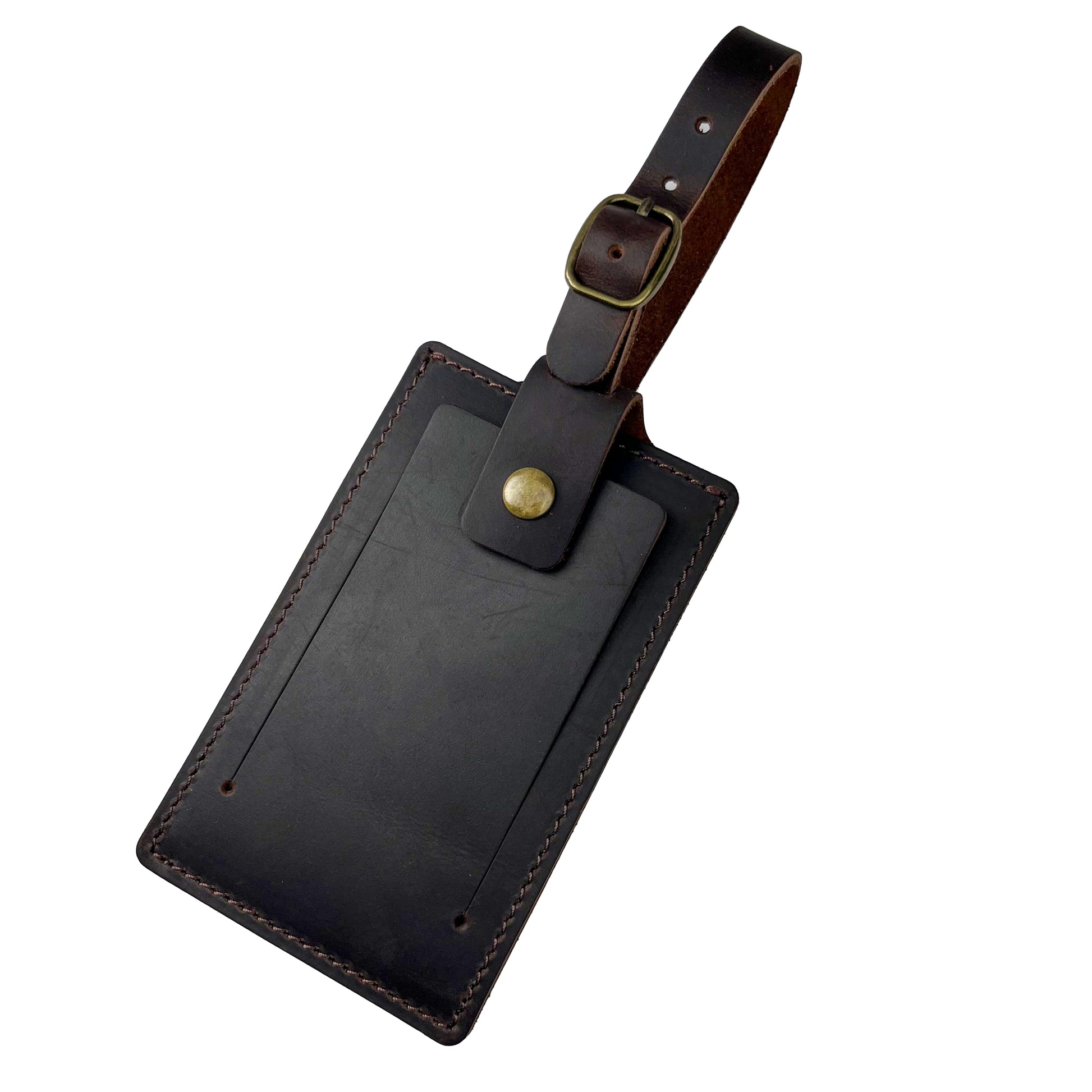 Durable brown leather luggage tag with personalized engraving option, by Nine Leather & Watch