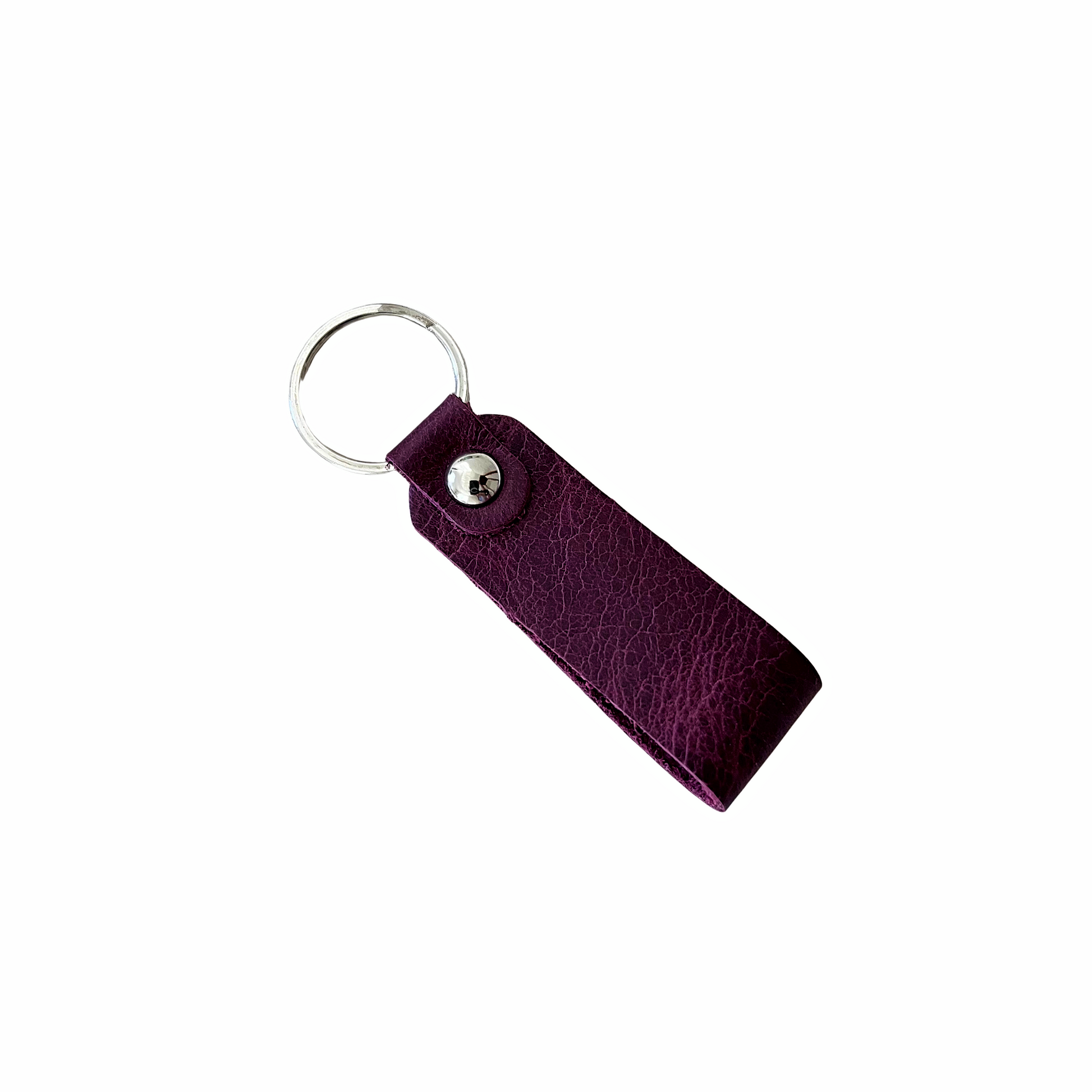 Handcrafted purple leather keychain with metal ring and snap closure, made in the USA by Nine Leather & Watch.