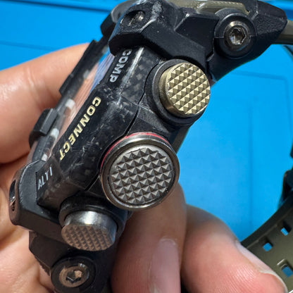 Close-up right side profile of the Casio G-Shock Mudmaster showing the heavy-duty textured Comp, Connect, and Alti navigation buttons.