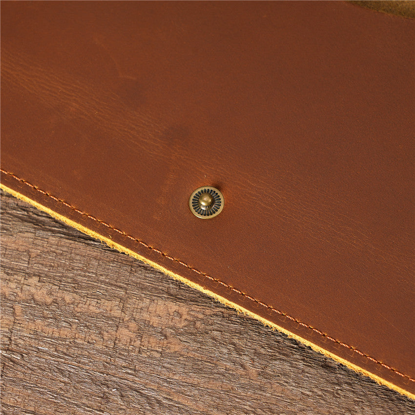 Close-up of the antique brass snap closure on a tan brown handmade oil waxed leather Long Snap Wallet, highlighting the detailed stitching and leather texture.