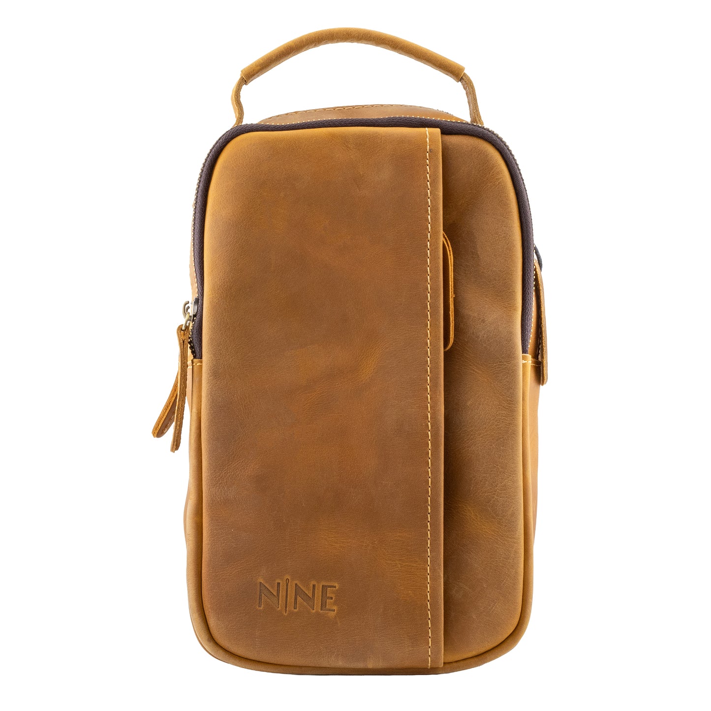 Straight-on front view of the NINE Leather Crazy Horse Sling Bag in tan, highlighting the rugged full-grain leather texture, architectural front pocket design, and embossed logo against a pure white background.
