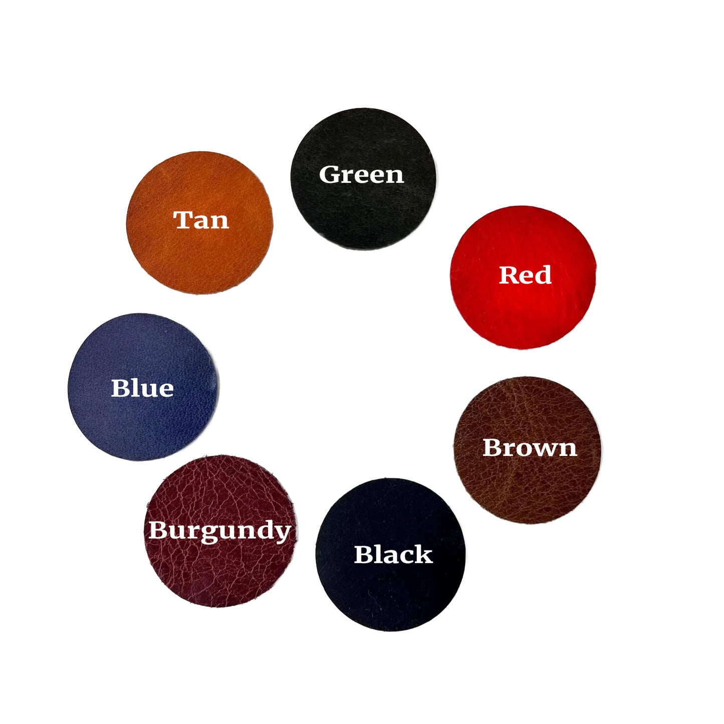 Seven circular leather color swatches arranged in a circle showing available colors: Tan, Green, Red, Brown, Black, Burgundy, and Blue.