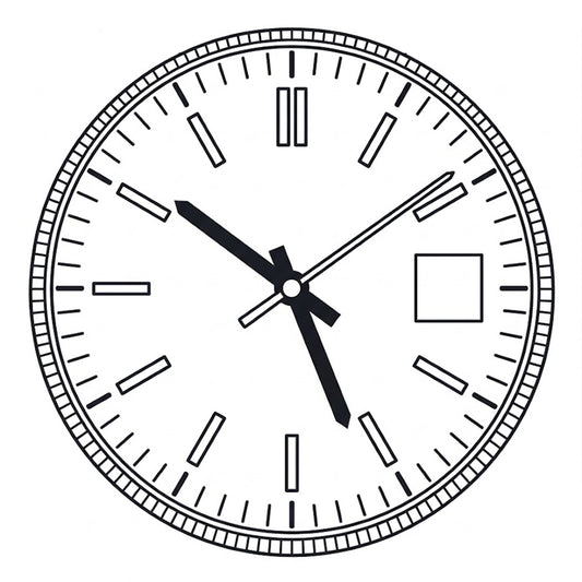 Technical black and white illustration of a baton index watch dial with multiple fanned fanned hand options on a white background, modified to show a standard square date window located precisely at the 3 o'clock position
