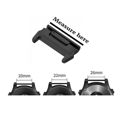 Informational guide showing how to measure Garmin watch lug width for QuickFit adapters, illustrating 20mm, 22mm, and 26mm sizing options to ensure a perfect strap fit.