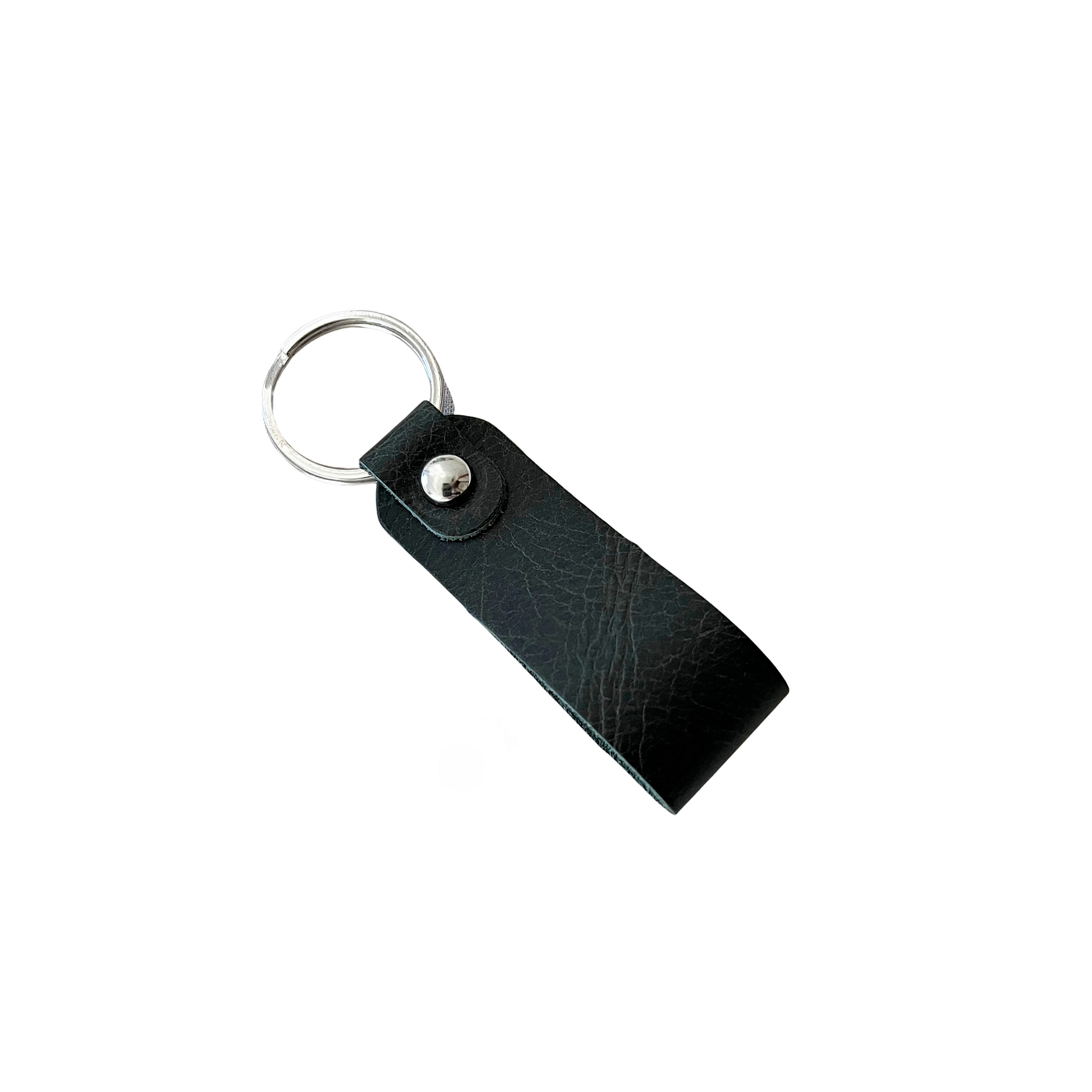 Handcrafted green leather keychain with metal ring and snap closure, made in the USA by Nine Leather & Watch.