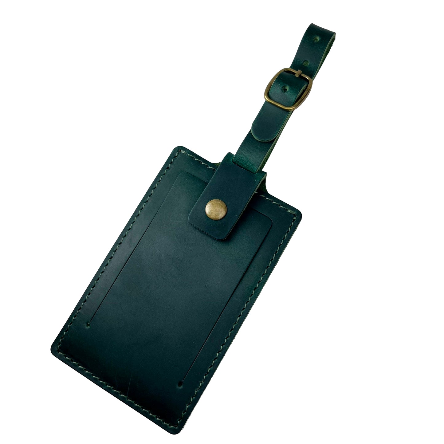 Durable green leather luggage tag with a personalized touch, by Nine Leather & Watch.
