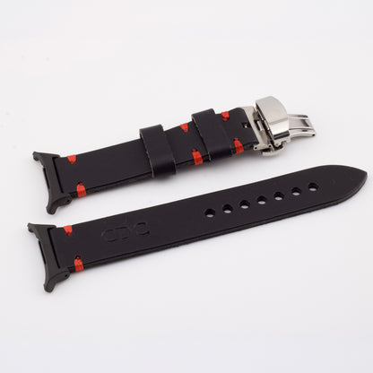Black full-grain leather replacement band for Samsung Galaxy Watch, featuring custom red stitching, black adapters, and a premium silver butterfly deployment clasp.