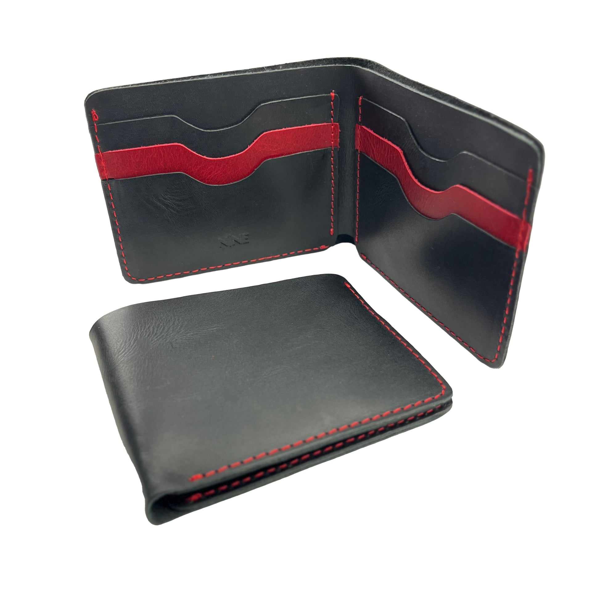 Handmade crazy horse cowhide leather | Black & Red Bifold Wallet by Nine Leather & Watch
