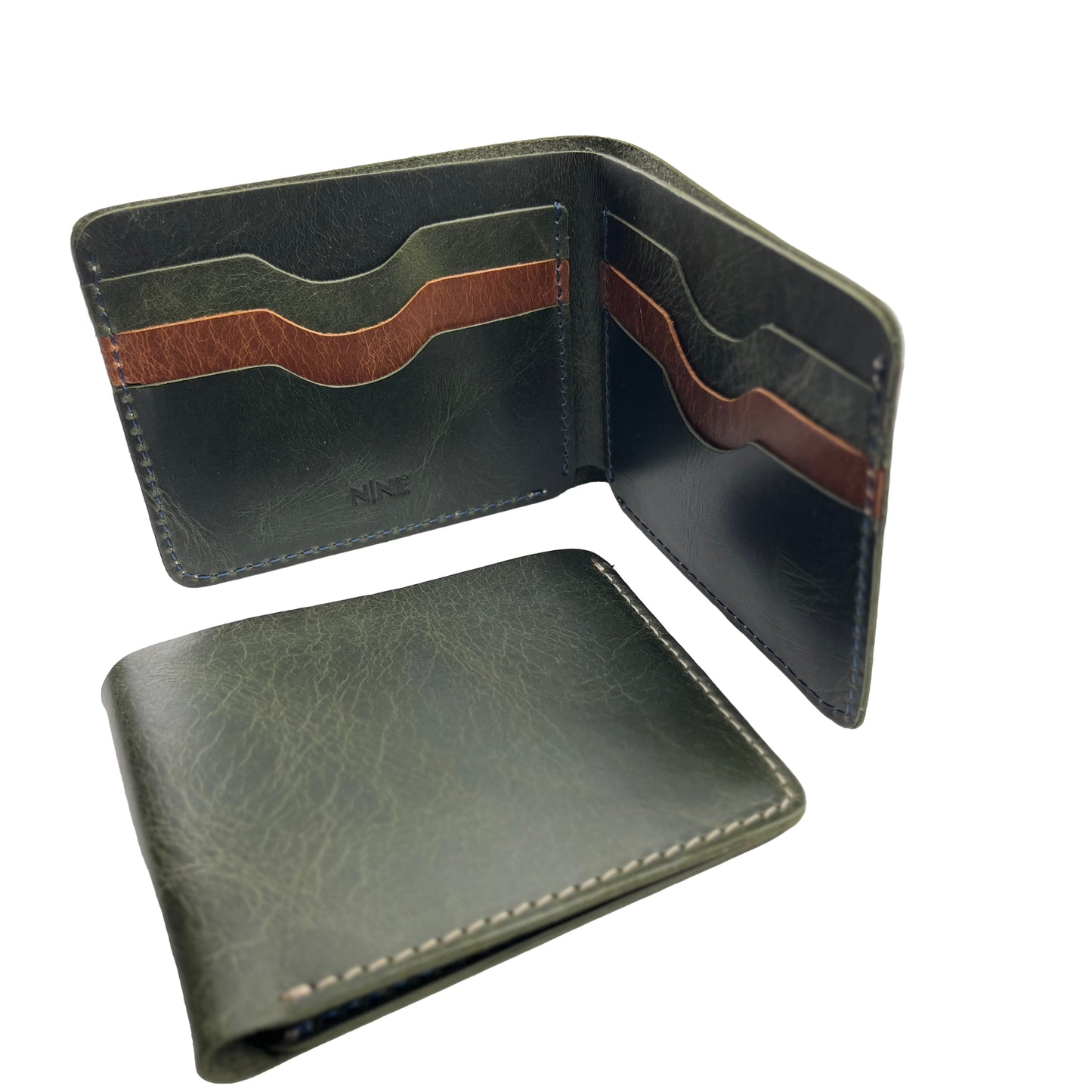 Handmade crazy horse cowhide leather | Green & Brown Bifold Wallet by Nine Leather & Watch