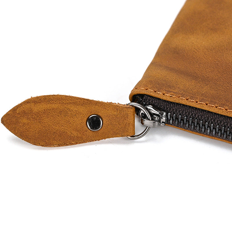 Close-up of a tan brown full-grain crazy horse leather Long Zipper Wallet, showing the leather zipper pull, metal ring, and heavy-duty zipper.