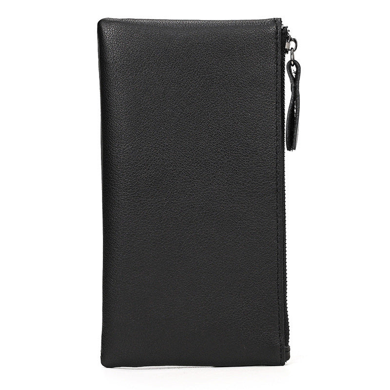 Black full-grain crazy horse leather Long Zipper Wallet, closed, showing its full profile and smooth leather finish.