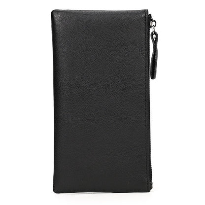 Black full-grain crazy horse leather Long Zipper Wallet, closed, showing its full profile and smooth leather finish.