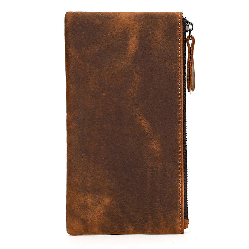 Tan brown full-grain crazy horse leather Long Zipper Wallet, closed, showing its full profile and natural leather texture.