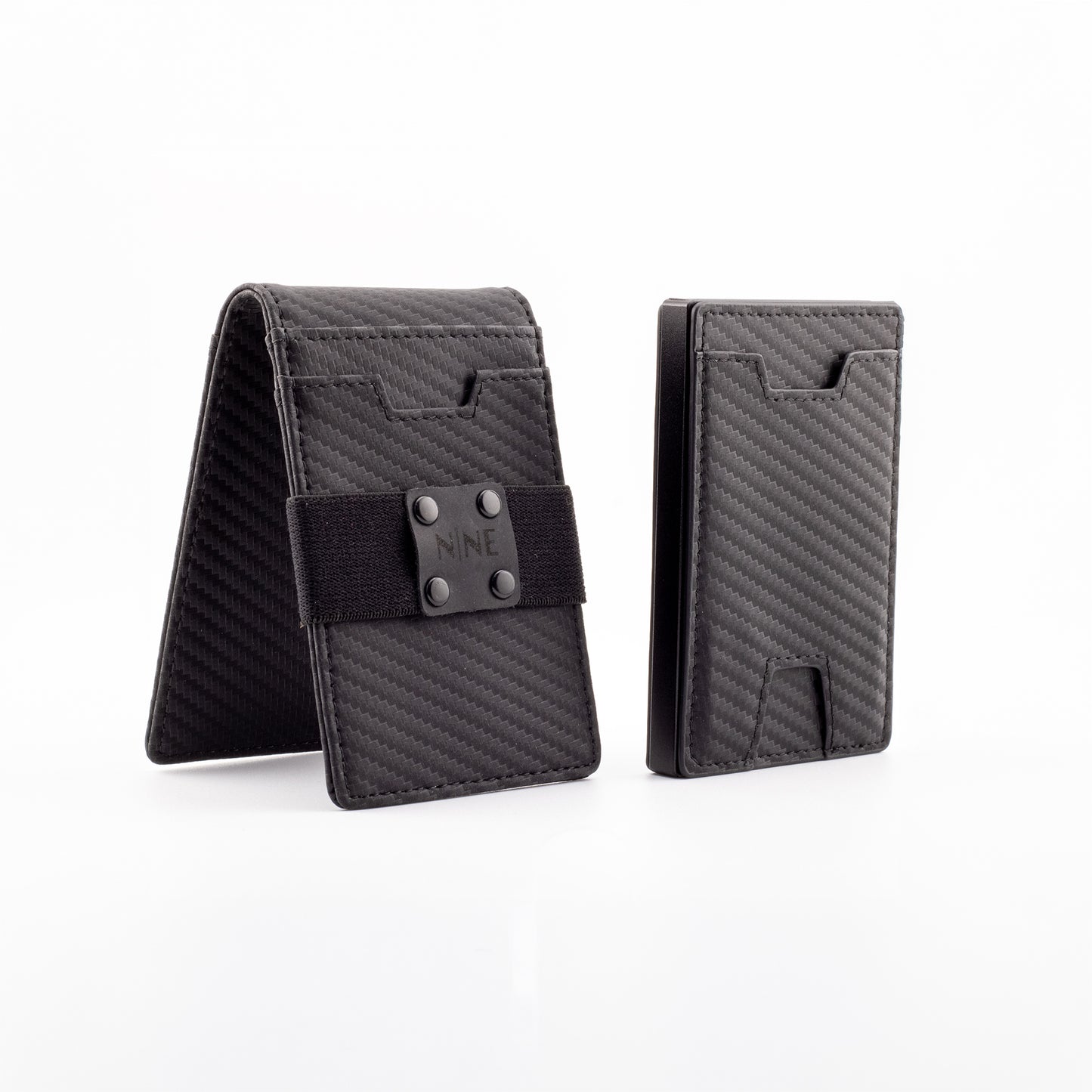 The NINE Leather Magnetic Pop-Up Wallet featuring a sleek carbon-texture finish, shown with the modular genuine leather upgrade sleeve and money strap beside the core aluminum RFID cardholder.