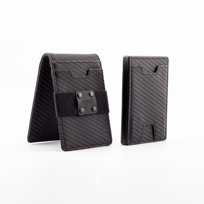 The NINE Leather Magnetic Pop-Up Wallet featuring a sleek carbon-texture finish, shown with the modular genuine leather upgrade sleeve and money strap beside the core aluminum RFID cardholder.