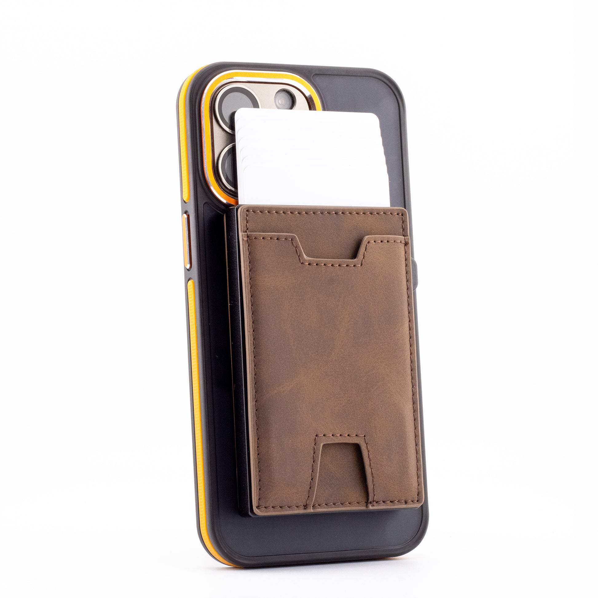 Back of a smartphone equipped with a brown genuine leather magnetic pop-up wallet, demonstrating the quick-access card ejection mechanism fanning out smoothly.