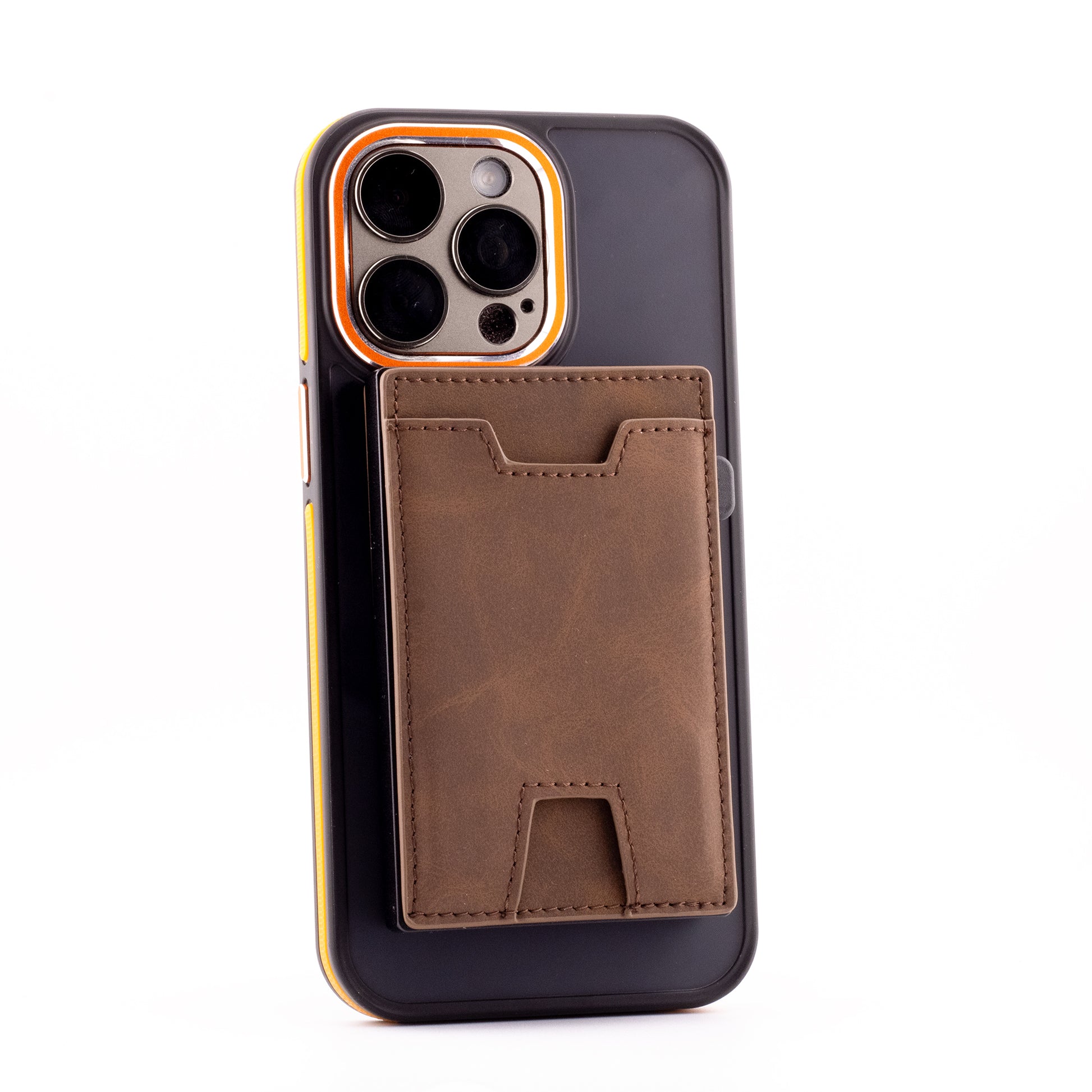 A slim brown genuine leather magnetic wallet snapped securely onto the back of a smartphone, showcasing its sleek, low-profile magnetic attachment.