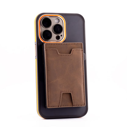 A slim brown genuine leather magnetic wallet snapped securely onto the back of a smartphone, showcasing its sleek, low-profile magnetic attachment.