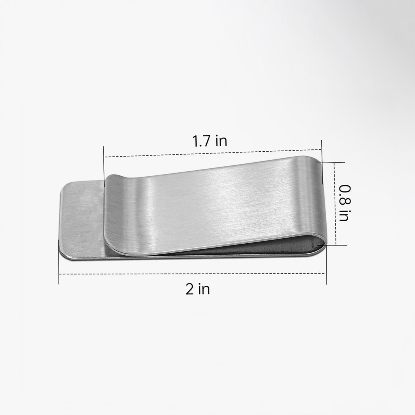 A brushed metal money clip shown on a light gray background with dimension lines and text indicating measurements: 1.7 in width, 2 in overall width, and 0.