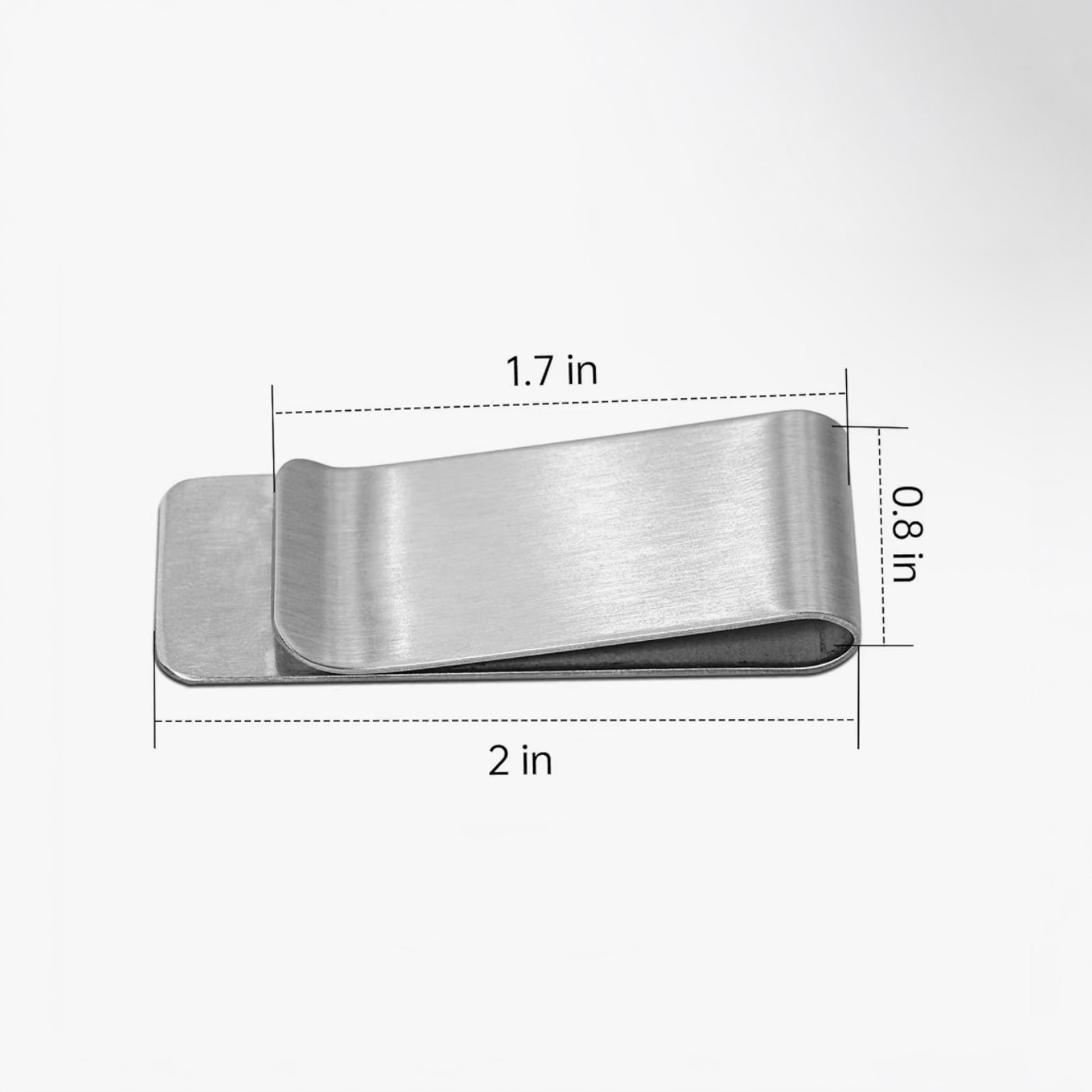 A brushed metal money clip shown on a light gray background with dimension lines and text indicating measurements: 1.7 in width, 2 in overall width, and 0.