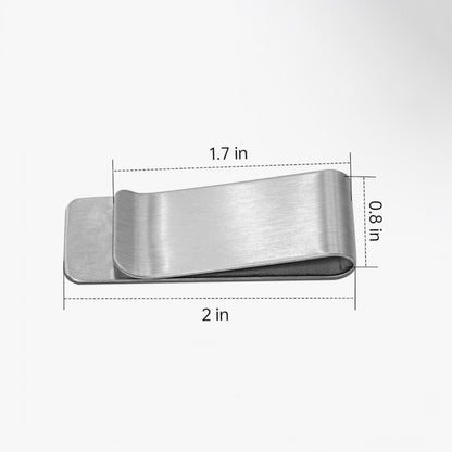A brushed metal money clip shown on a light gray background with dimension lines and text indicating measurements: 1.7 in width, 2 in overall width, and 0.