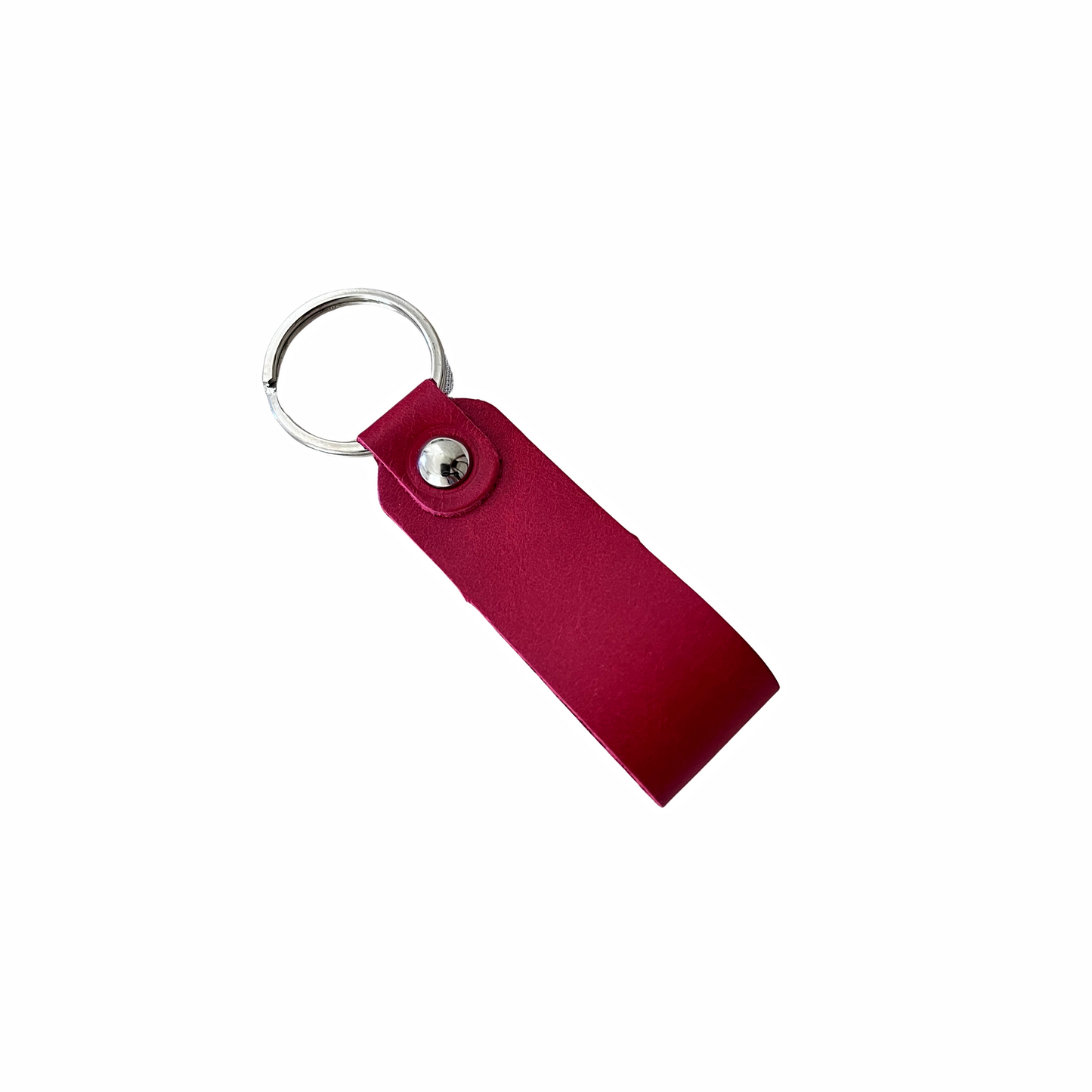 Handcrafted red leather keychain with metal ring and snap closure, made in the USA by Nine Leather & Watch.