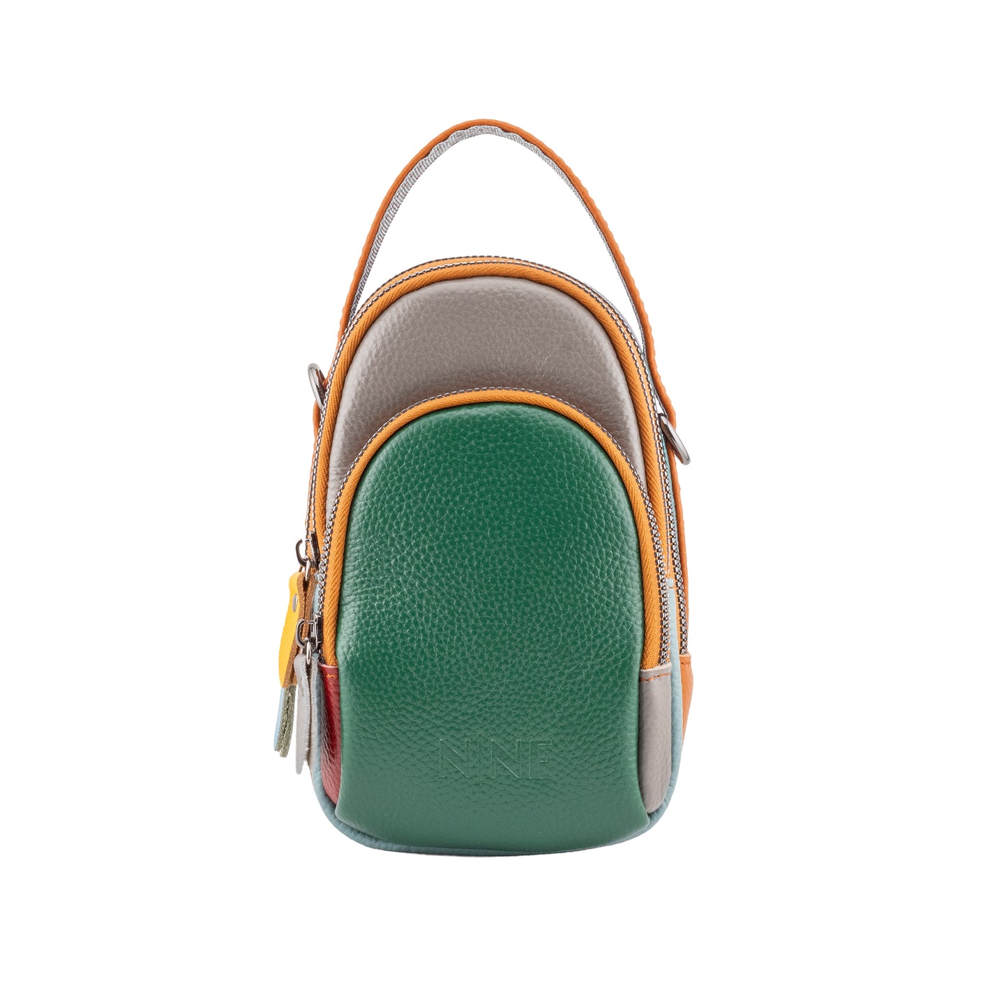 Front view of the exclusive NINE Leather Sling Candy Crossbody bag against a pure white background, showcasing a rich green pebbled leather front anchor, a gray middle compartment, and a contrasting orange top handle.