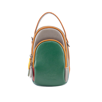 Front view of the exclusive NINE Leather Sling Candy Crossbody bag against a pure white background, showcasing a rich green pebbled leather front anchor, a gray middle compartment, and a contrasting orange top handle.