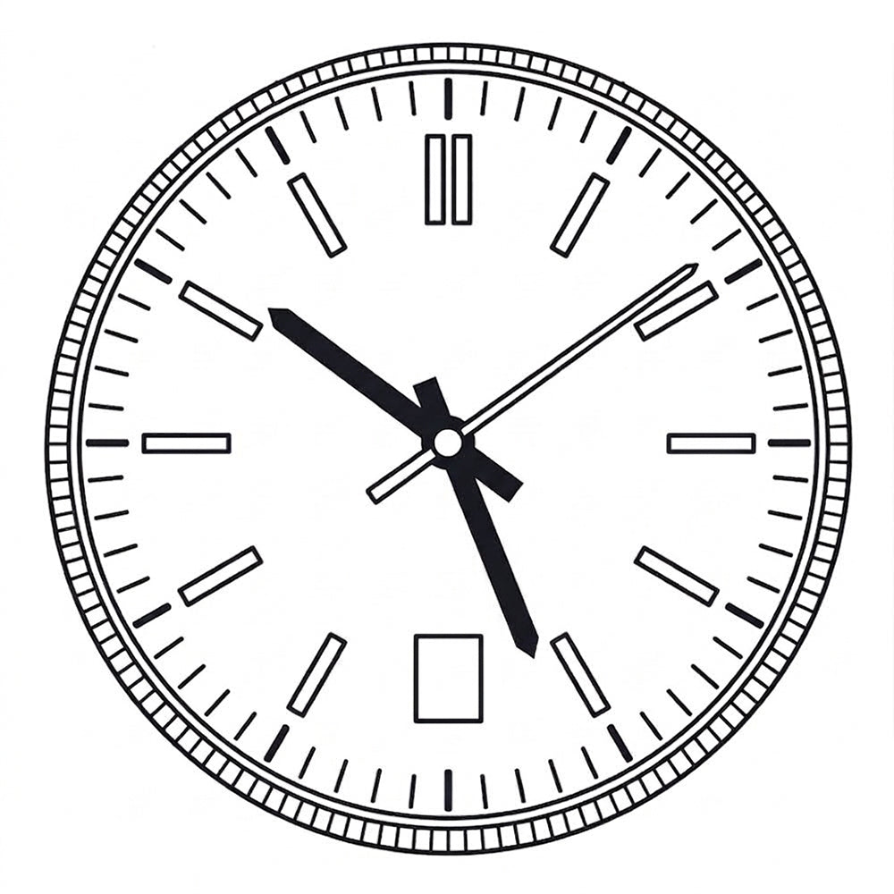 Clean line art illustration of a black and white watch dial featuring fanned fanned hands and rectangular hour markers, updated to display a symmetric date window at the bottom of the dial at the 6 o'clock position.