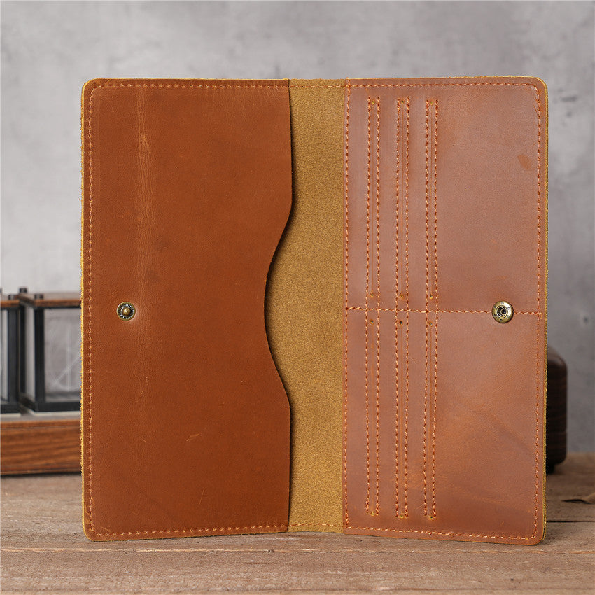 Tan brown handmade oil waxed leather Long Snap Wallet fully open, showcasing the interior layout with card slots, cash compartment, and snap closures on both sides.