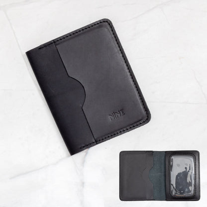 Black Full-Grain Leather Bifold ID Wallet with quick-view clear window and black stitching.