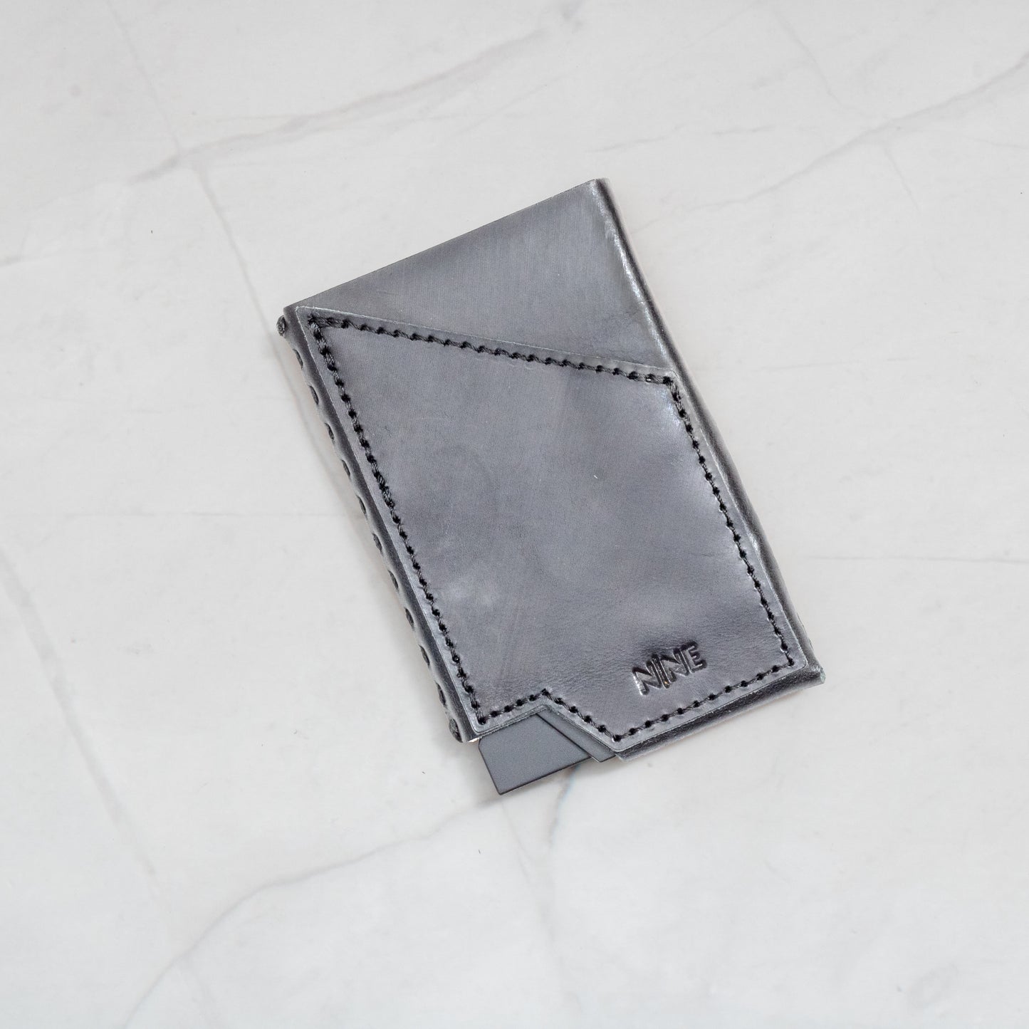 Black Full-Grain Leather NINE Pop-Up Card Wallet with white contrast stitching