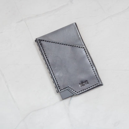 Black Full-Grain Leather NINE Pop-Up Card Wallet with white contrast stitching